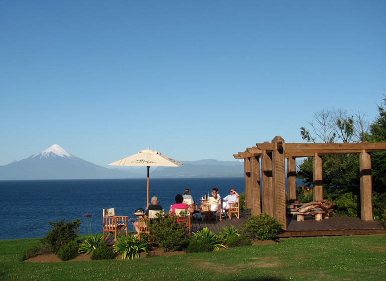 Chile Voyage Casa Molino terrasse avec vue sur volcans