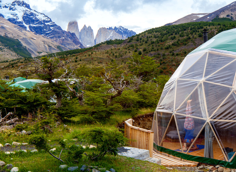 Chili Voyage Torres del Paine Ecocamp dome yoga